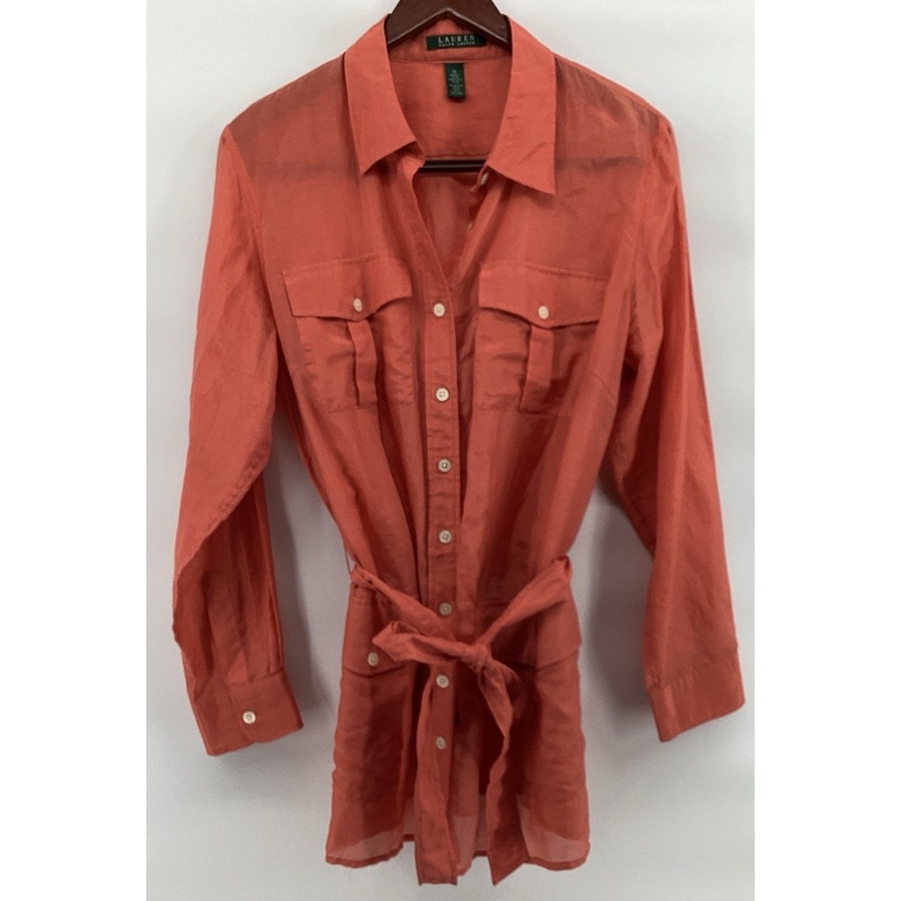 Lauren Ralph Silk Cotton Button Down Shirt Tunic XL Orange Lagenlook Minimalist
